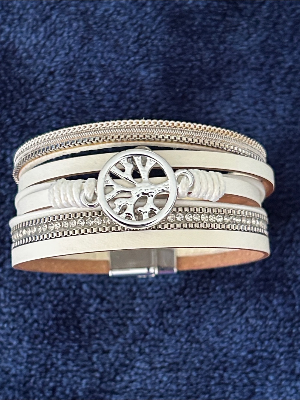 White Leather Multi-Row Wrap Bracelet with Tree of Life Charm